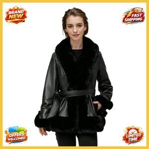 Faux Fur Leather Jacket Slim Fit Adjustable Hooded Winter Coat Chic